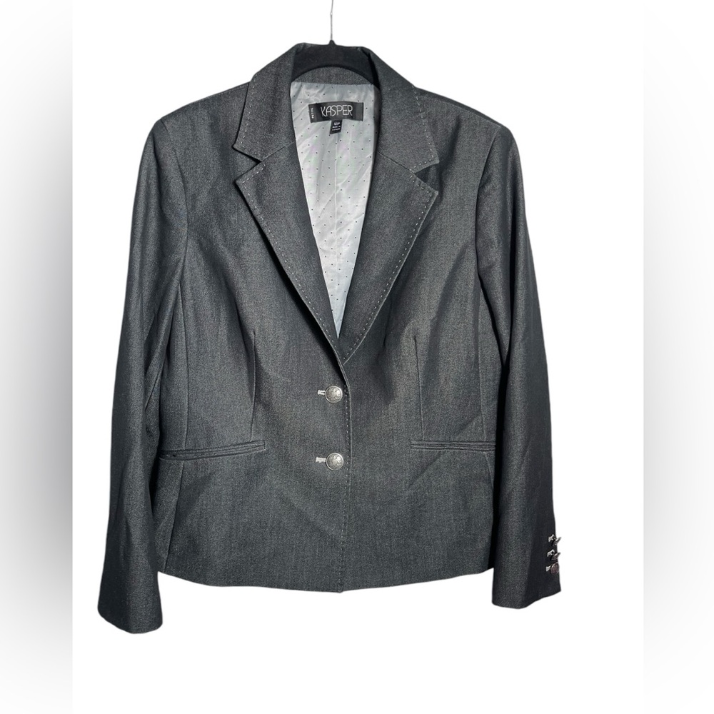 KASPER blazer size 12 petite black blazer jacket w/polka dot inner lining 🖤🖤